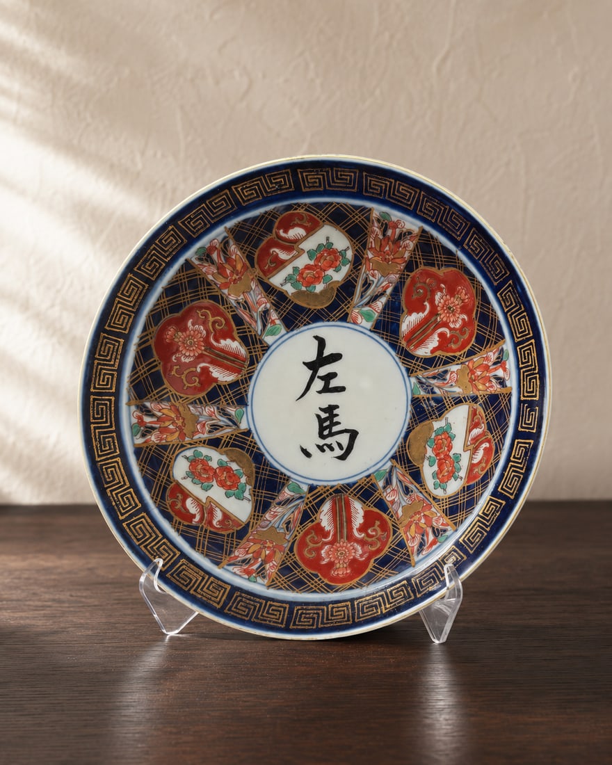 Japanese Gold Imari Porcelain Charger Plate, Modern Era: A striking Japanese Gold Imari porcelain charger plate, featuring a central roundel with Japanese characters (possibly a mark or poem) in black on a white ground. The plate's body is decorated with an
