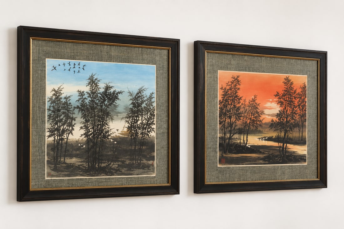 Pair of Framed Asian Ink Wash Landscape Paintings - 2
