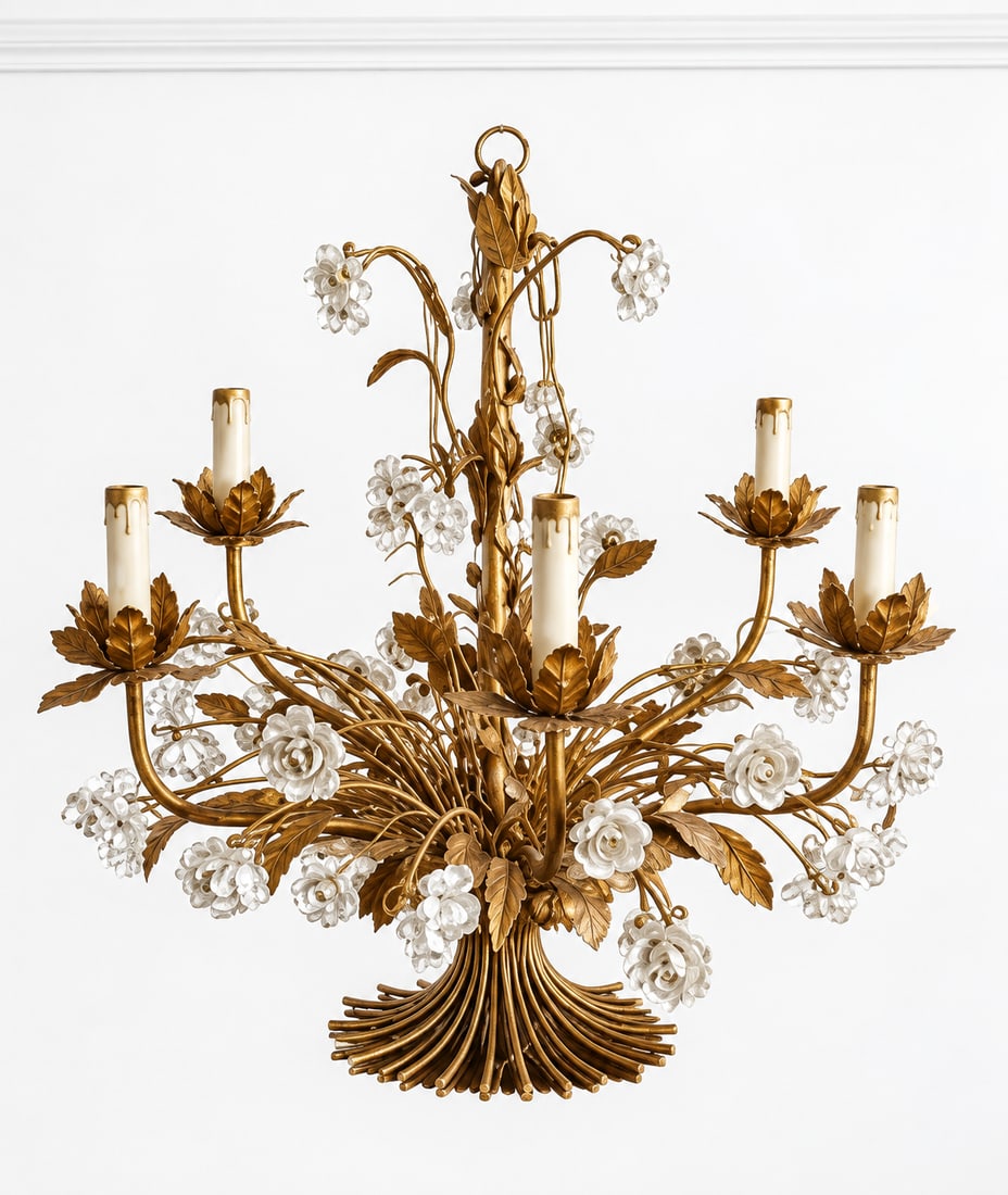 Mid-Century Gilt Metal and Porcelain Floral Chandelier/Candelabra - 2