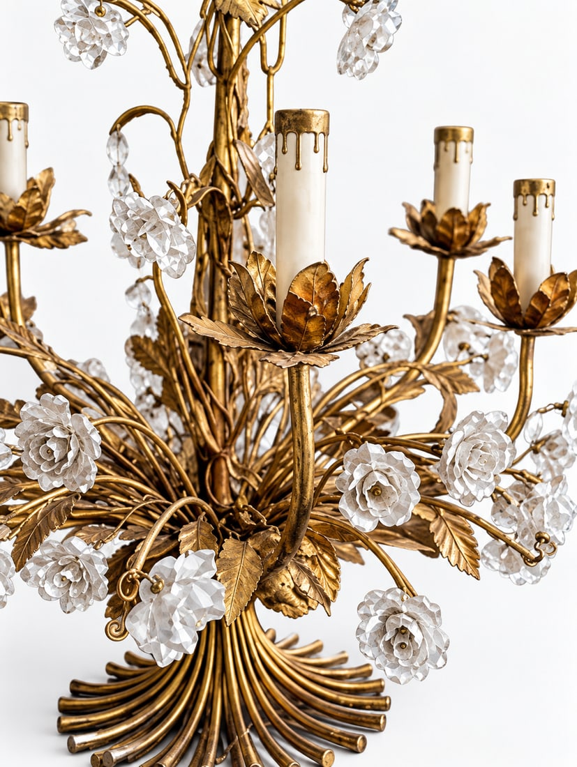 Mid-Century Gilt Metal and Porcelain Floral Chandelier/Candelabra - 3
