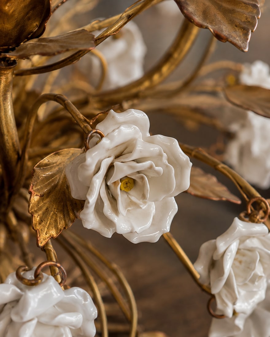 Mid-Century Gilt Metal and Porcelain Floral Chandelier/Candelabra - 4