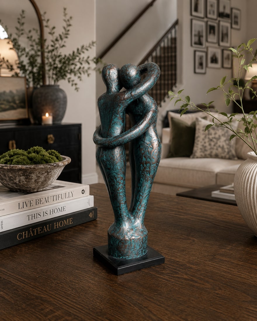 Contemporary Bronze and Verdigris Patinated Embracing Figures Sculpture: A modern sculpture depicting two abstract, embracing figures, crafted with a bronze-toned finish and an intentional verdigris-style patina. The textured surface adds depth and character to the piece, 