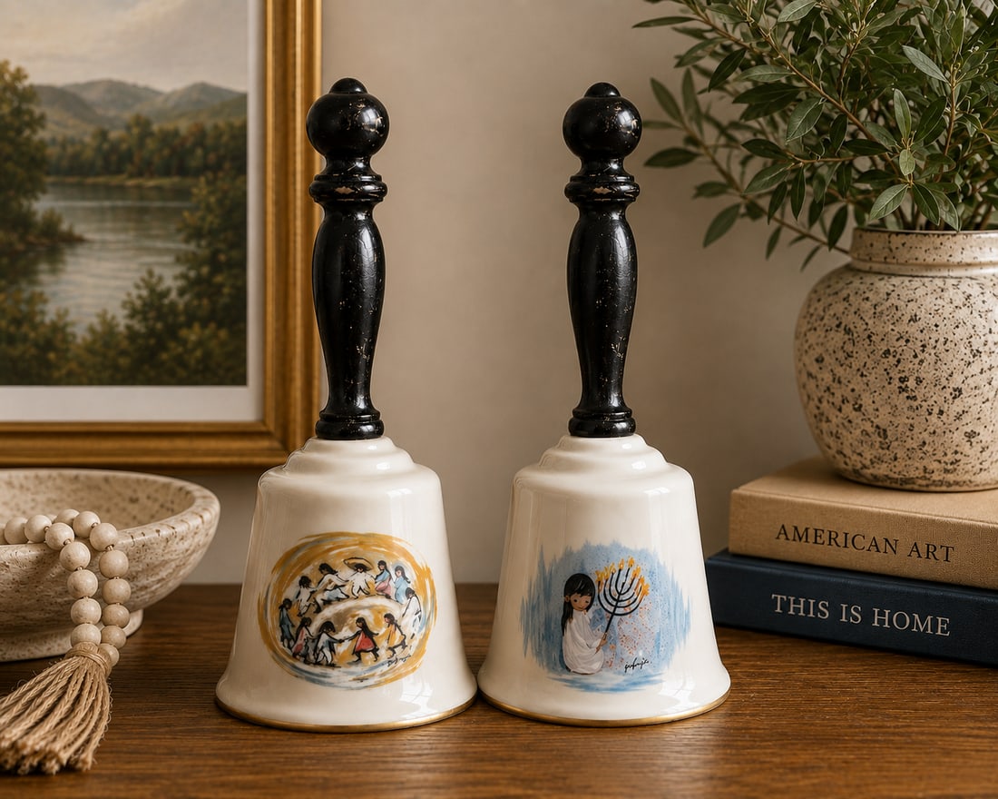 Pair of Mid-Century Hand-Painted Porcelain Bells: A charming pair of mid-century hand-painted porcelain bells, each featuring a black painted wooden handle and a white porcelain body with gold accents at the rim. One bell depicts children dancing in 