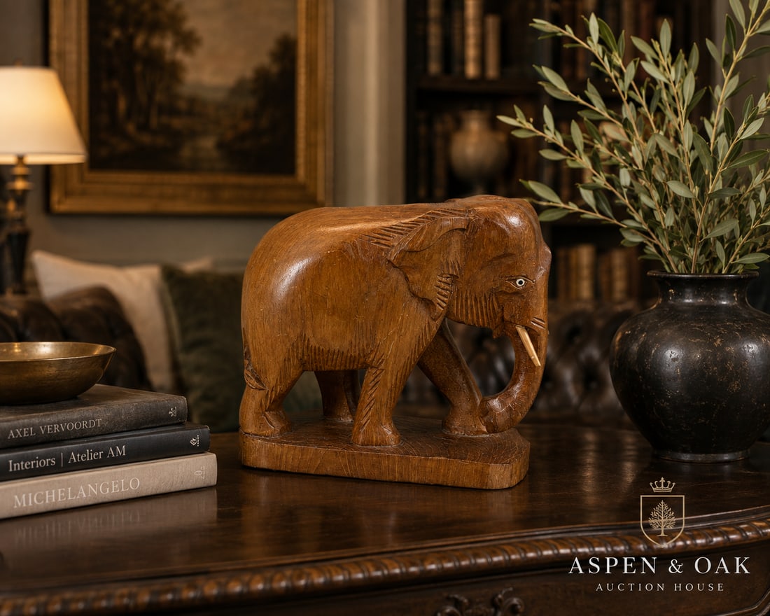 Vintage Hand-Carved Wooden Elephant Sculpture: A charming vintage hand-carved wooden elephant sculpture, displaying intricate details such as textured skin, a raised trunk, and tusks. The elephant stands on an integrated rectangular base. The unde