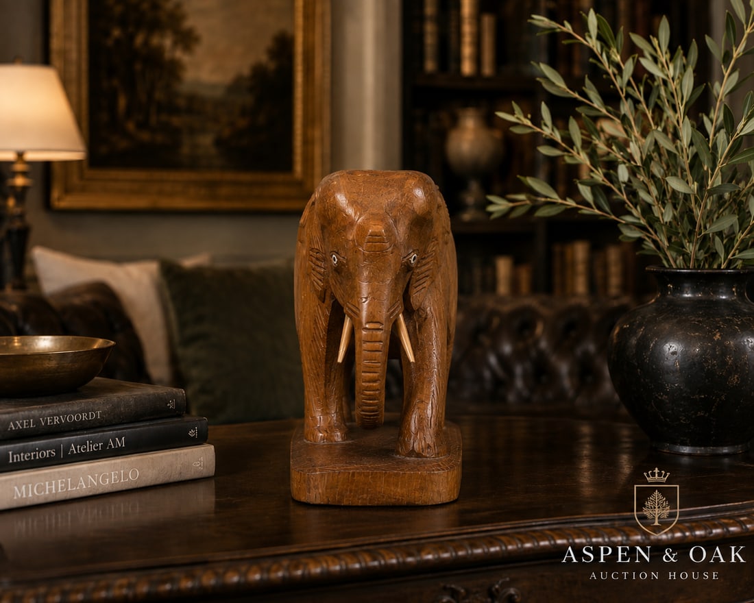 Vintage Hand-Carved Wooden Elephant Sculpture - 2