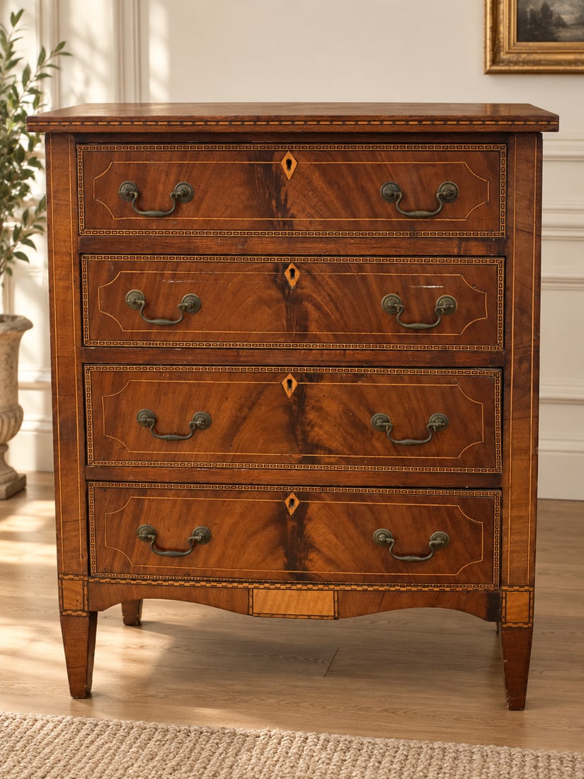Hepplewhite Style Inlaid Mahogany Commode/Chest of Drawers: An elegant Hepplewhite style commode or chest of drawers crafted from mahogany with intricate string and geometric inlays. The commode features four graduated drawers, each with a diamond-shaped escut