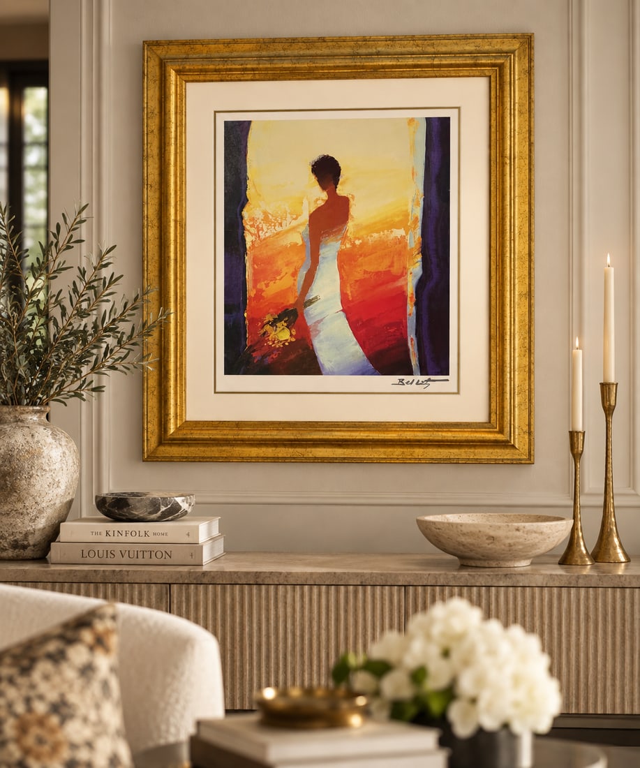 Emile Bellet "Liberty Carnival" Oil on Canvas: An original oil on canvas painting by contemporary French artist Emile Bellet (born 1947), titled "Liberty Carnival." The painting depicts the silhouette of a woman in a flowing white gown holding a b