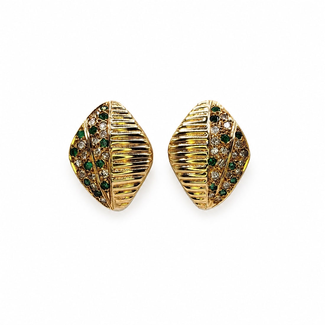 Yellow gold diamond emerald earrings: A 14kt yellow gold earrings. Diamond and emeralds. .81x.61 inches. 7.95 grams