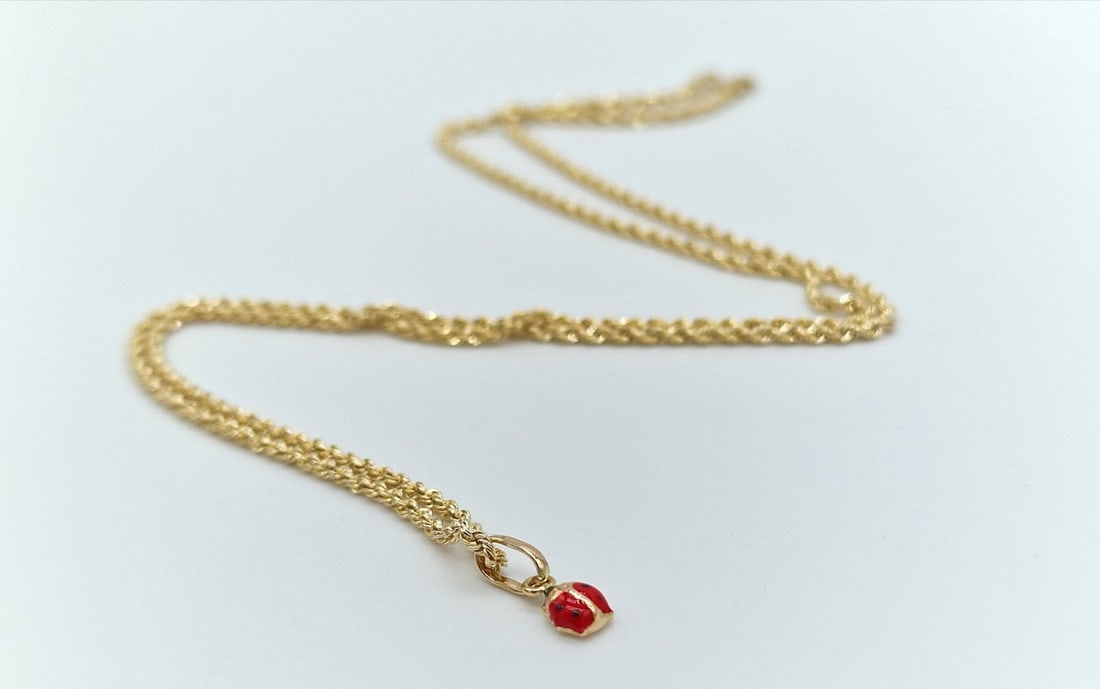 18K Yellow Gold Hollow Rope Chain Necklace with Enamel Ladybug Pendant – Made in Italy (1 of 9)