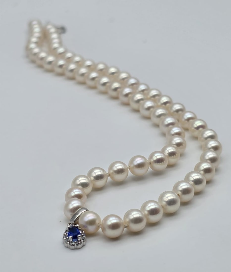 Japanese Akoya Cultured Pearl 42 cm Necklace with Sapphire and Diamond Pendant and 18K White Gold Cl (1 of 10)