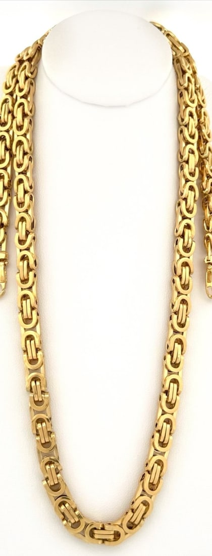 18K Yellow Gold (750) Byzantine Link Necklace, Italian Artisan Craftsmanship: Metal: 18K Yellow Gold / Finish: Polished and Satin / Link Type: Byzantine / Width: 5 mm / Length: 60 cm / Total Item Weight: 24 Grams / Craftsmanship: Italian artisan manufacturing / Condition: New, 