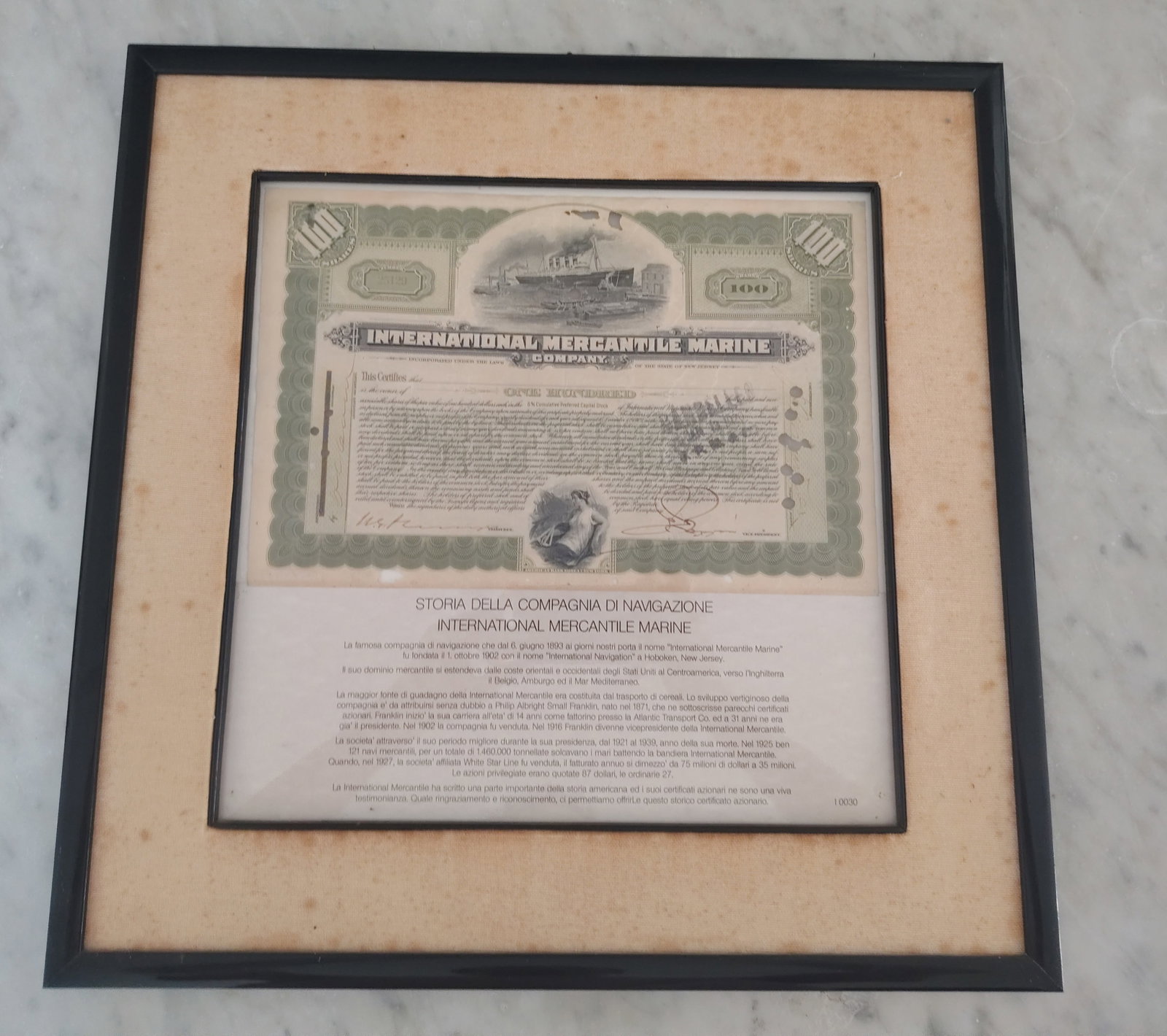 Titanic & White Star Line Parent Co. IMM Stock Certificate Framed (1 of 8)