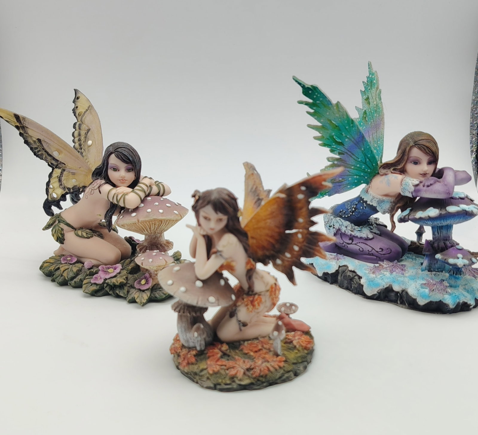 Complete Set of 3 Les Alpes "Fairy Land" Resin Mushroom Fairy Figurines: Maker & Collection: Authentic and complete set of three collectible figurines from the renowned fantasy series "Fairy Land" by Les Alpes, featuring original manufacturer markings on the bases / Crafts