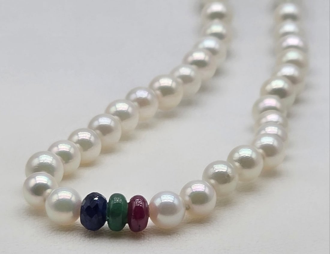 Japanese Akoya Pearl 5.4-5.9 mm and Central Gemstone Trilogy 18K Yellow Gold Necklace (1 of 6)