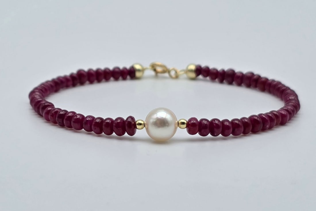 Natural Ruby and Central Akoya Pearl 7.5 mm 18K Yellow Gold Bracelet (1 of 7)