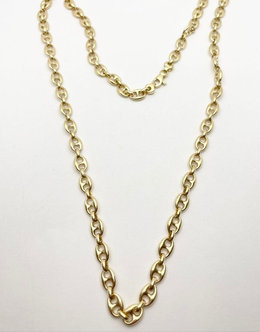 Fine Italian Handcrafted 18K Yellow Gold Marine Link Necklace 60 cm: Fine Italian handcrafted marine link (puffed mariner) necklace in 18K yellow gold, featuring a swivel lobster clasp hallmarked 750 / Origin: Italy / Metal: 18K Yellow Gold (750) / Craftsmanship: Hollo