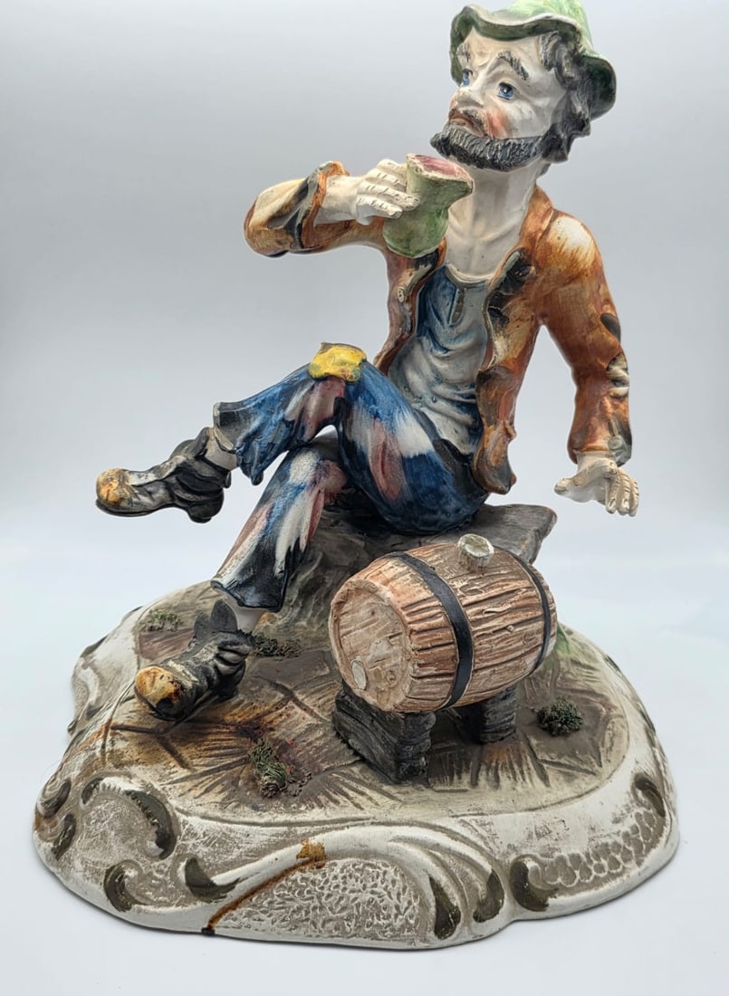 Capodimonte Hand-Painted Porcelain Statue of a Drinking Man with Barrel / Italian Artistic Ceramic (1 of 6)