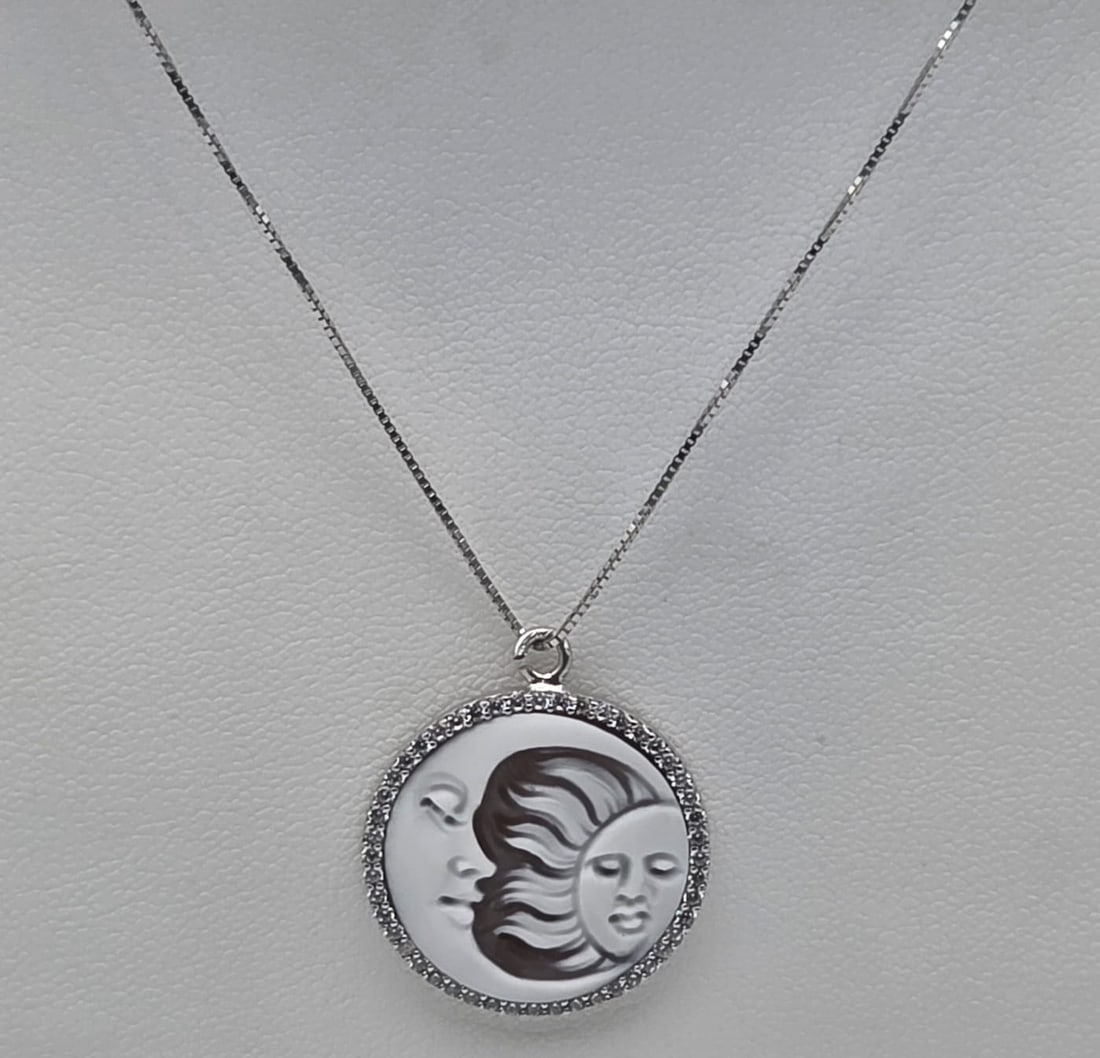 Italian Handcrafted Sun and Moon Cameo Necklace in 925 Silver with Zirconia Pavé: Italian Handcrafted Sun and Moon Cameo Necklace in 925 Silver with Zirconia Pavé / Metal: 925 Sterling Silver / Total Item Weight: 3.1 Grams / Length: 41 cm / Pendant Type: Handcrafted Round Cameo wi