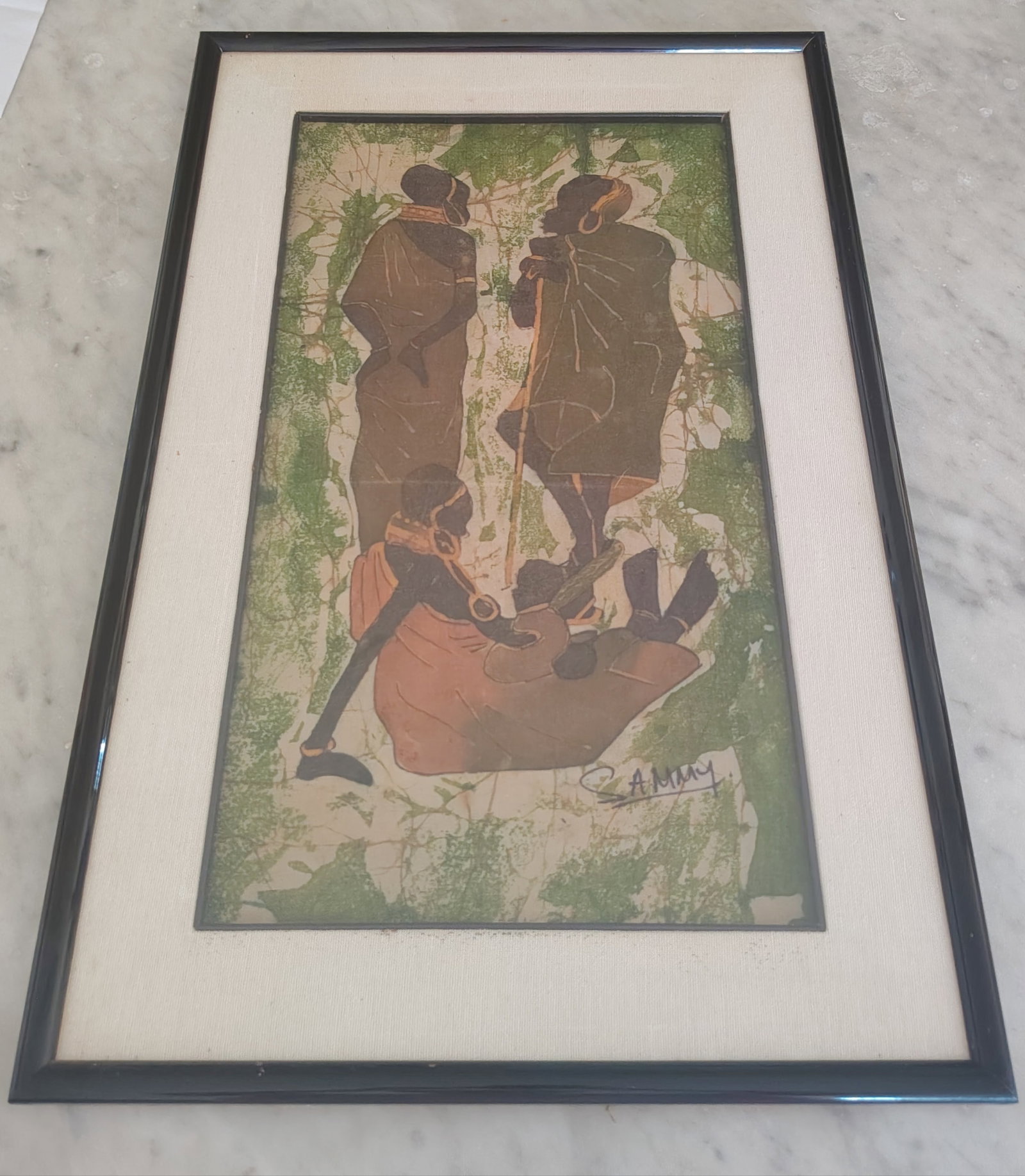 Vintage Framed Figural Batik Artwork by Sammy, Mid-20th Century: Vintage Framed Figural Batik Artwork / Artist: Sammy / Medium: Wax-Resist Dyeing on Fabric (Batik) / Subject: Stylized Figural Representation Celebrating Indigenous African Culture / Style: Mid-Centur