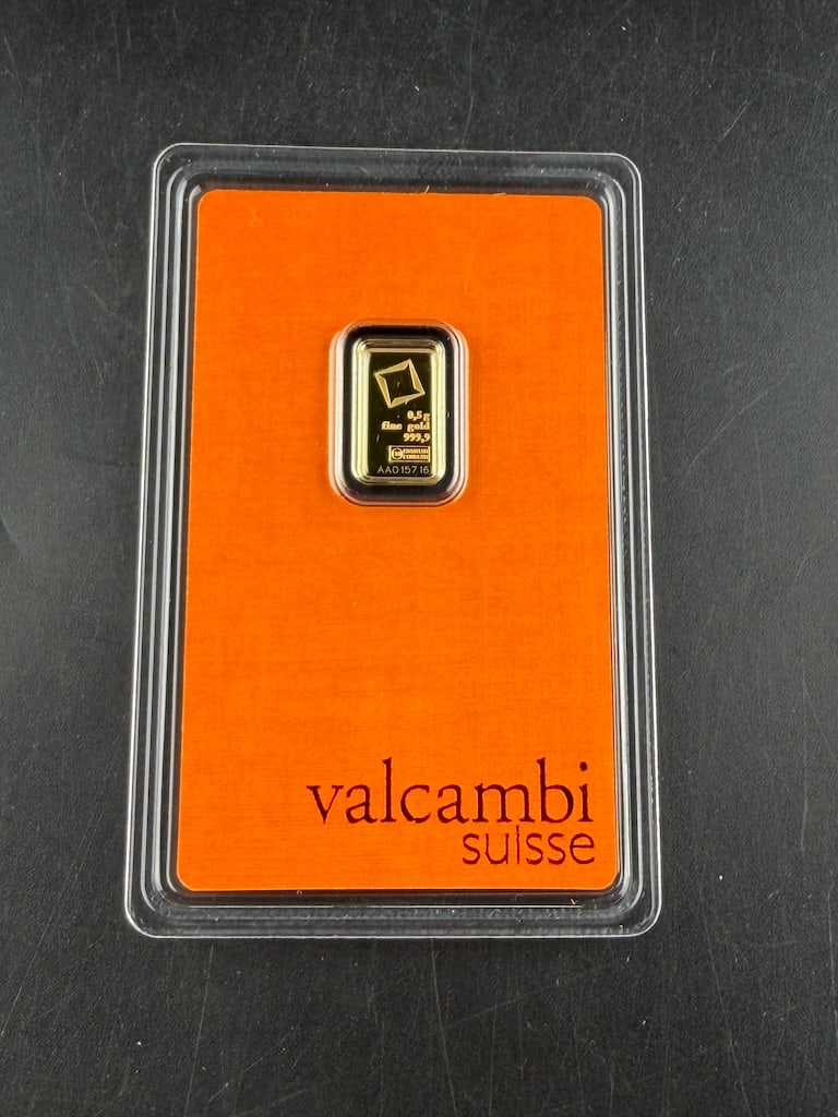 Valcambi Suisse 1/2 Gram .999.9 Fine Gold Bar: Valcambi Suisse 1/2 Gram .999.9 Fine Gold Bar