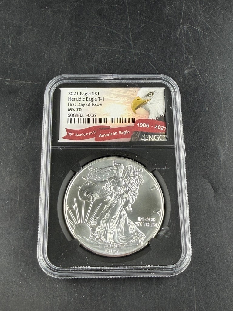 2021 American Silver Eagle NGC MS70 First Day of Issue Heraldic Eagle T-1: 2021 American Silver Eagle NGC MS70 First Day of Issue Heraldic Eagle T-1