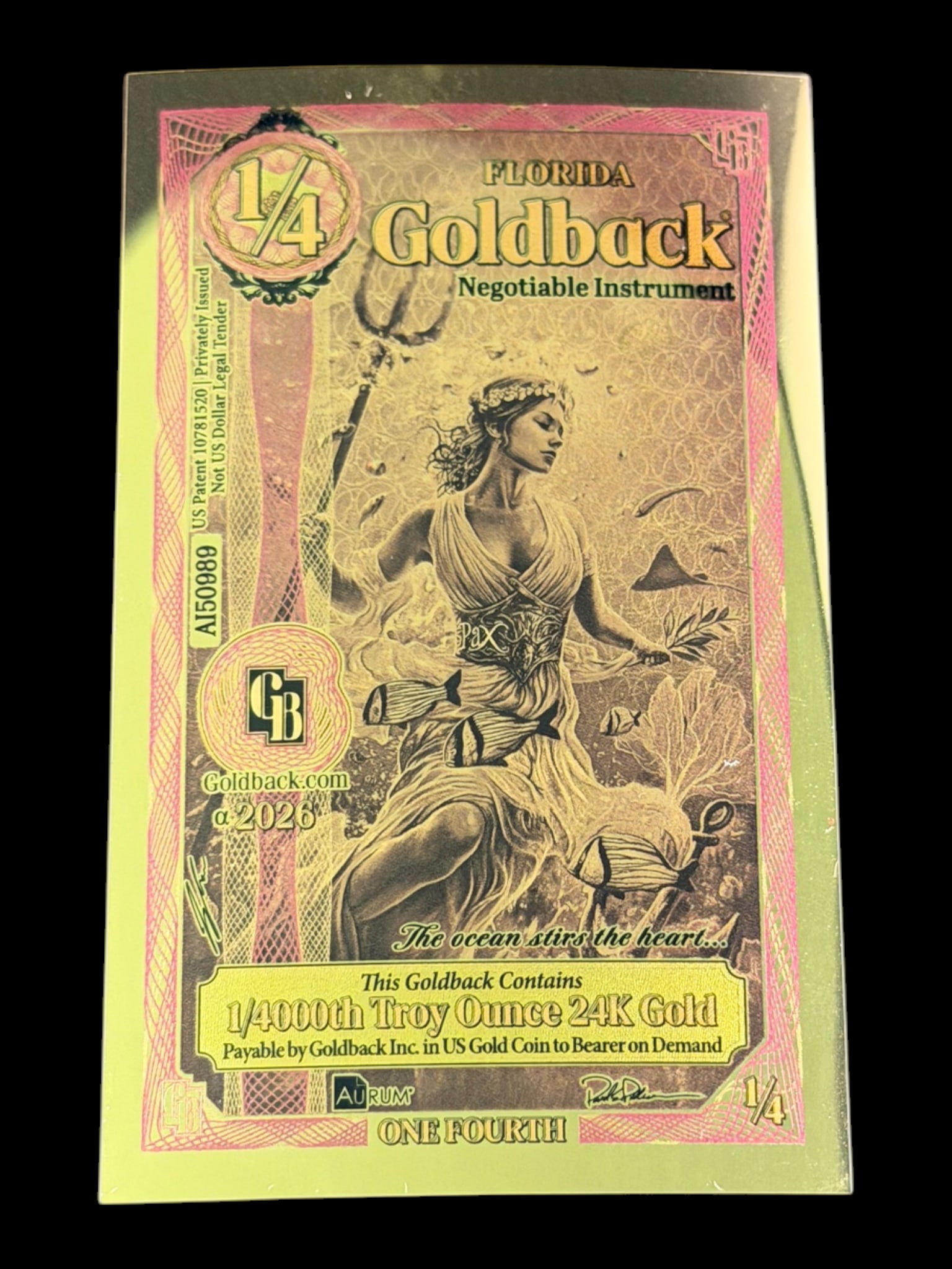 1/4 Florida Goldback 1/4000 Troy Ounce 24K Gold: 1/4 Florida Goldback 1/4000 Troy Ounce 24K Gold