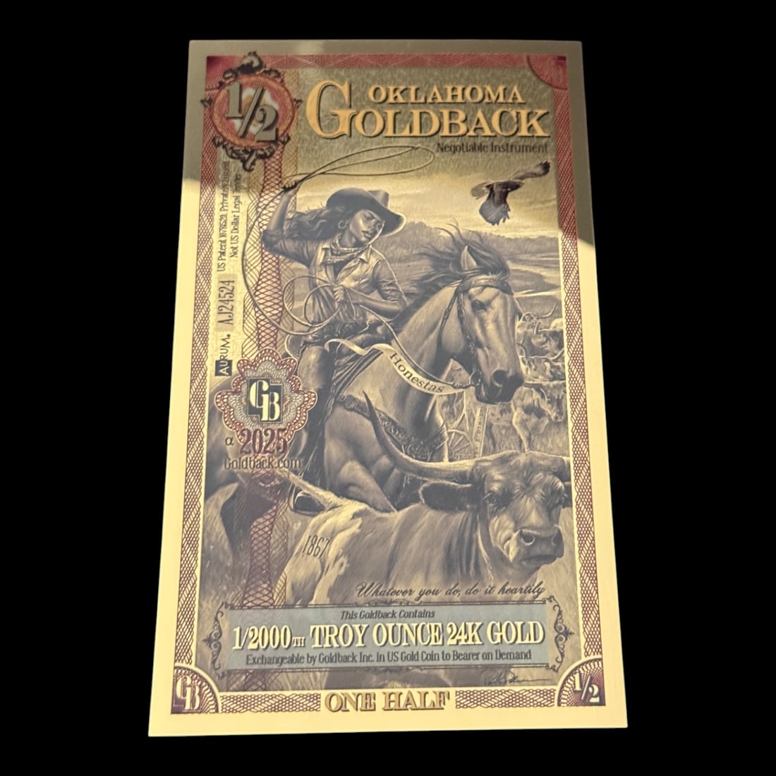 1/2 Oklahoma GoldBack 1/2000th Troy Ounce 24K Gold (1 of 3)