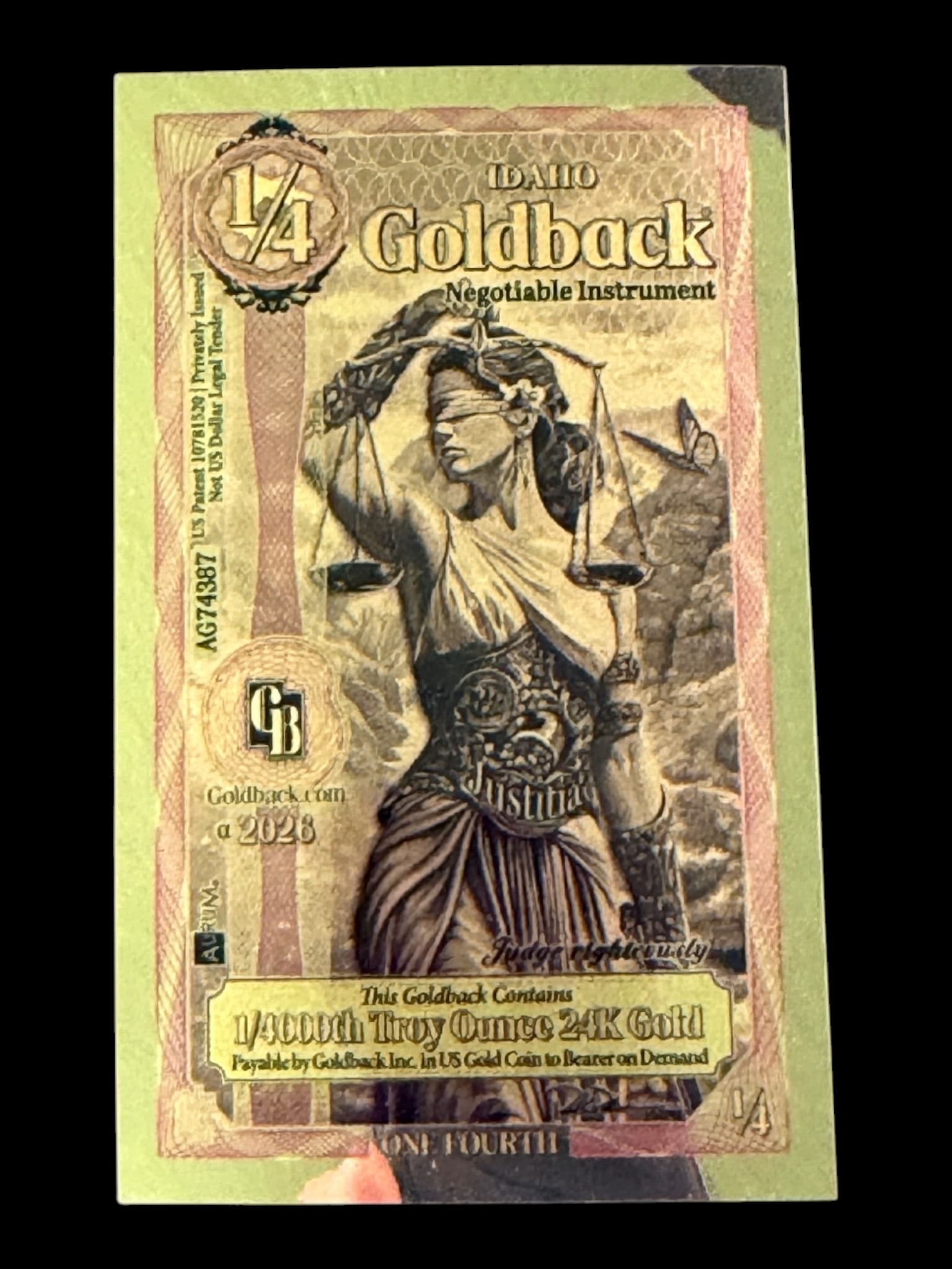 1/4 Idaho Goldback 1/4000 Troy Ounce 24K Gold: 1/4 Idaho Goldback 1/4000 Troy Ounce 24K Gold