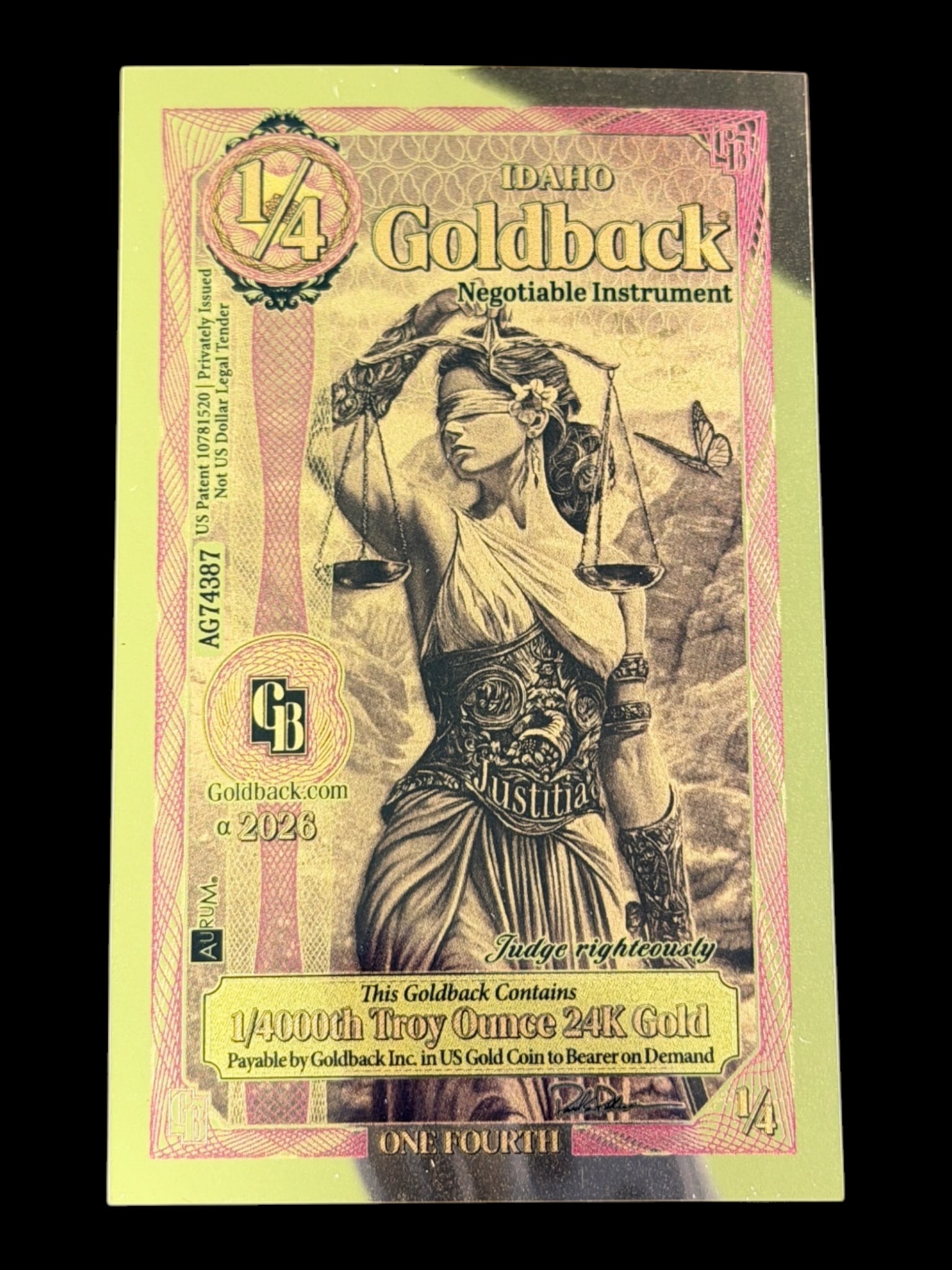 1/4 Idaho Goldback 1/4000 Troy Ounce 24K Gold: 1/4 Idaho Goldback 1/4000 Troy Ounce 24K Gold
