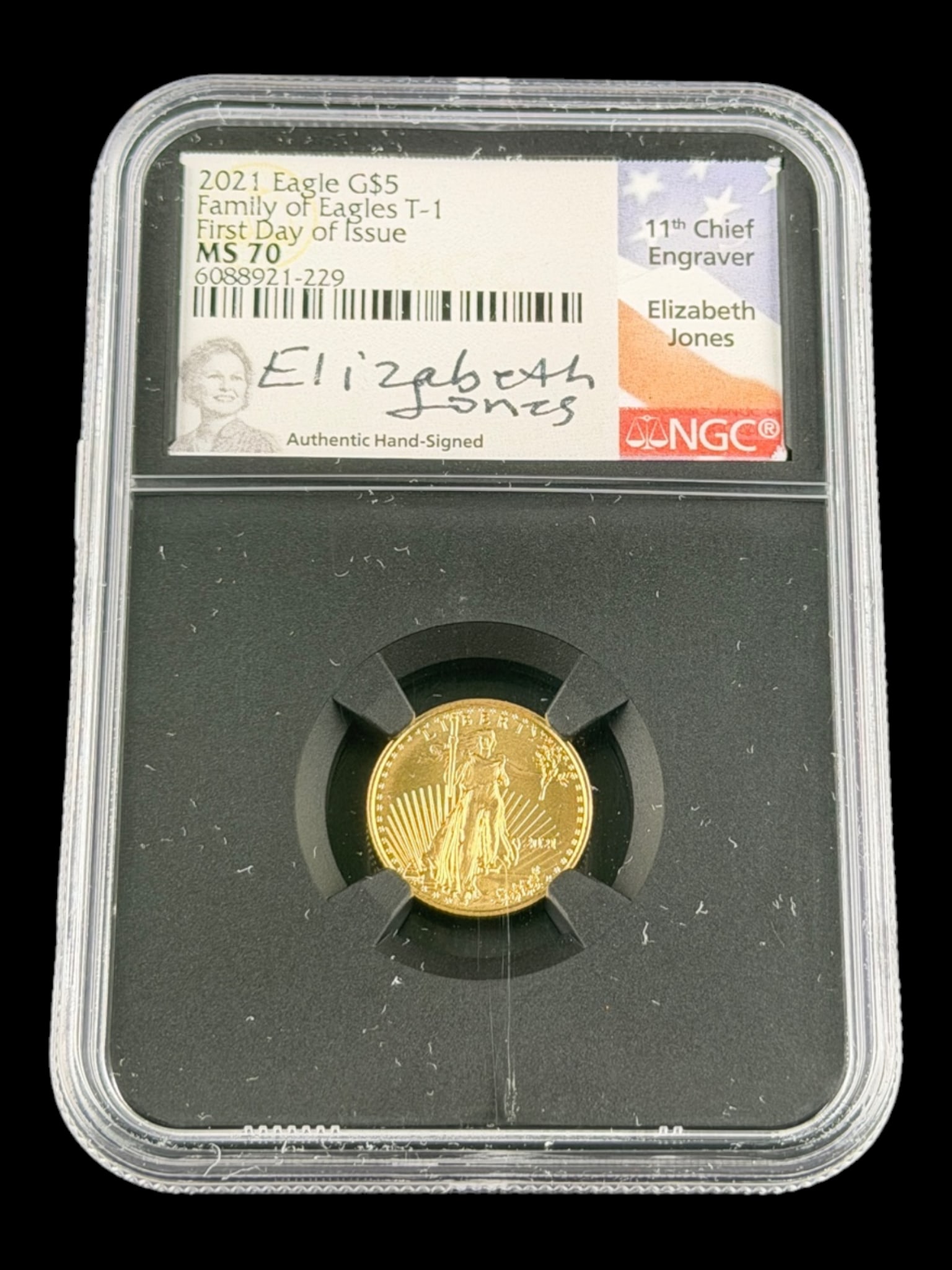 2021 $5 Gold Eagle Graded NGC Family of Eagles T-1 First Day of Issue MS70 Signed Elizabeth Jones (1 of 12)