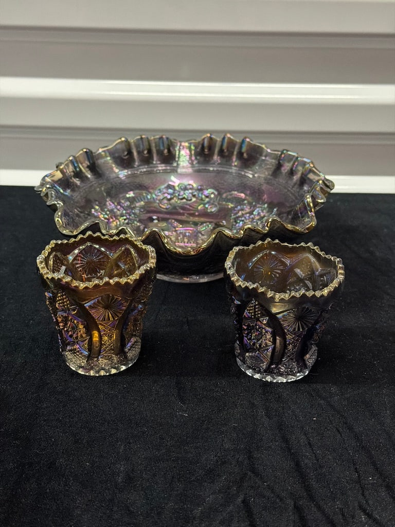Vintage Amethyst Carnival Glass Ruffled Bowl & Toothpick Holders 3 Pc. LF (1 of 4)
