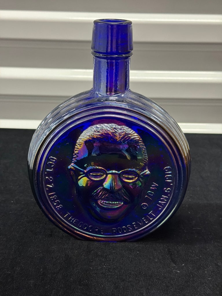 Wheaton Presidential Carnival Glass Bottle Theodore Roosevelt Rough Rider, Cobalt Blue LF (1 of 7)