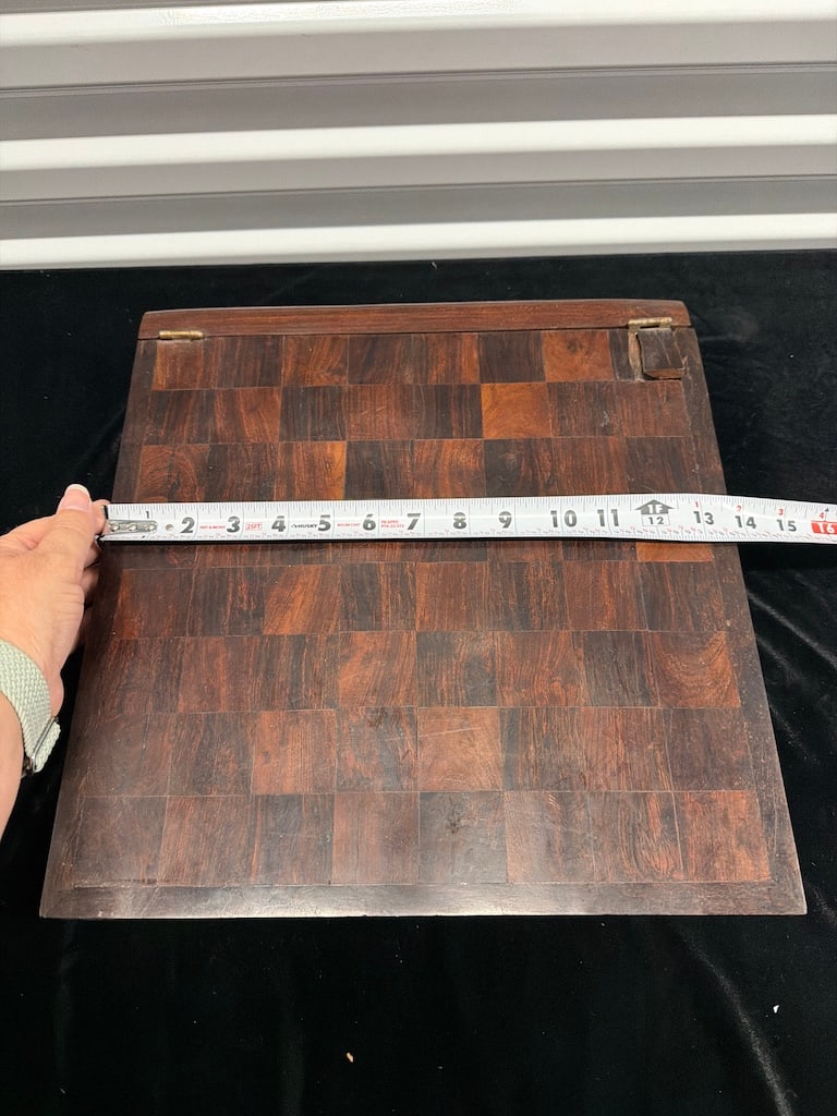 Vintage Handcrafted Inlaid Wood Games Compendium Set with Chess & Dominoes LF: A beautiful vintage handcrafted wooden game combination storage set. The exterior features a hand-inlaid, cross-banded checkerboard pattern ideal for chess or checkers matches. The interior lid reveal
