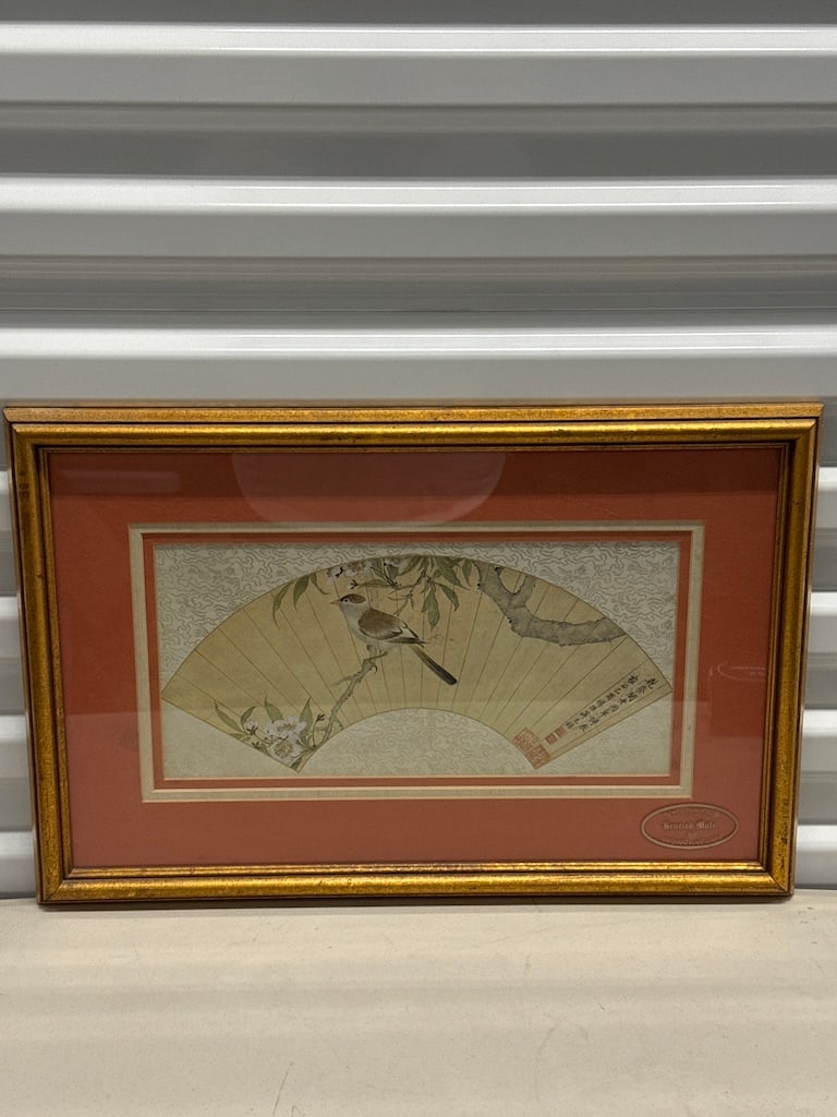 Framed Traditional Chinese Style Fan Painting, "Devoted Mate: A beautifully framed Chinese style fan painting on paper titled "Devoted Mate". The artwork depicts a delicate songbird perched upon a flowering branch, rendered in a classical bird-and-flower (huania