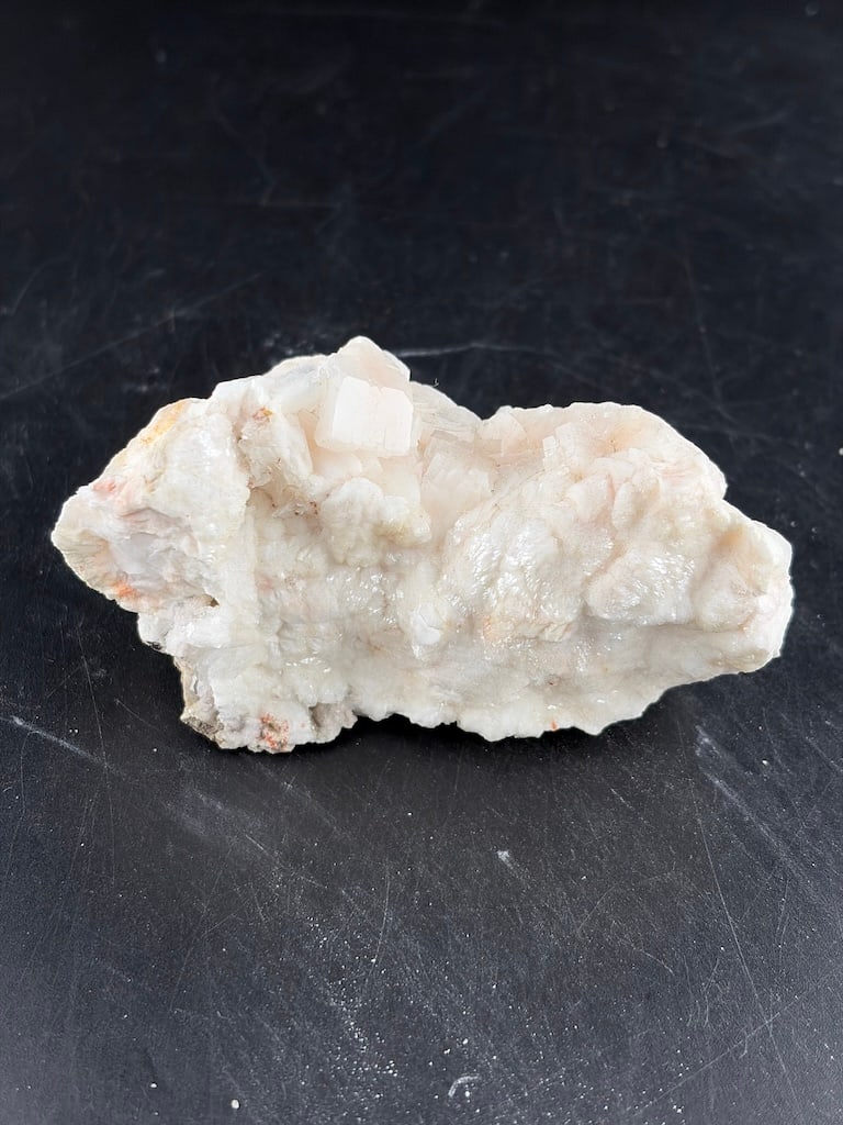 Natural White Stilbite and Heulandite Raw Zeolite Crystal Cluster Specimen. TH 94: A natural mineral specimen featuring a raw cluster of White Stilbite crystals nestled on a dense Heulandite matrix. This classic volcanic zeolite combination showcases distinct, blocky, and bowtie-sha