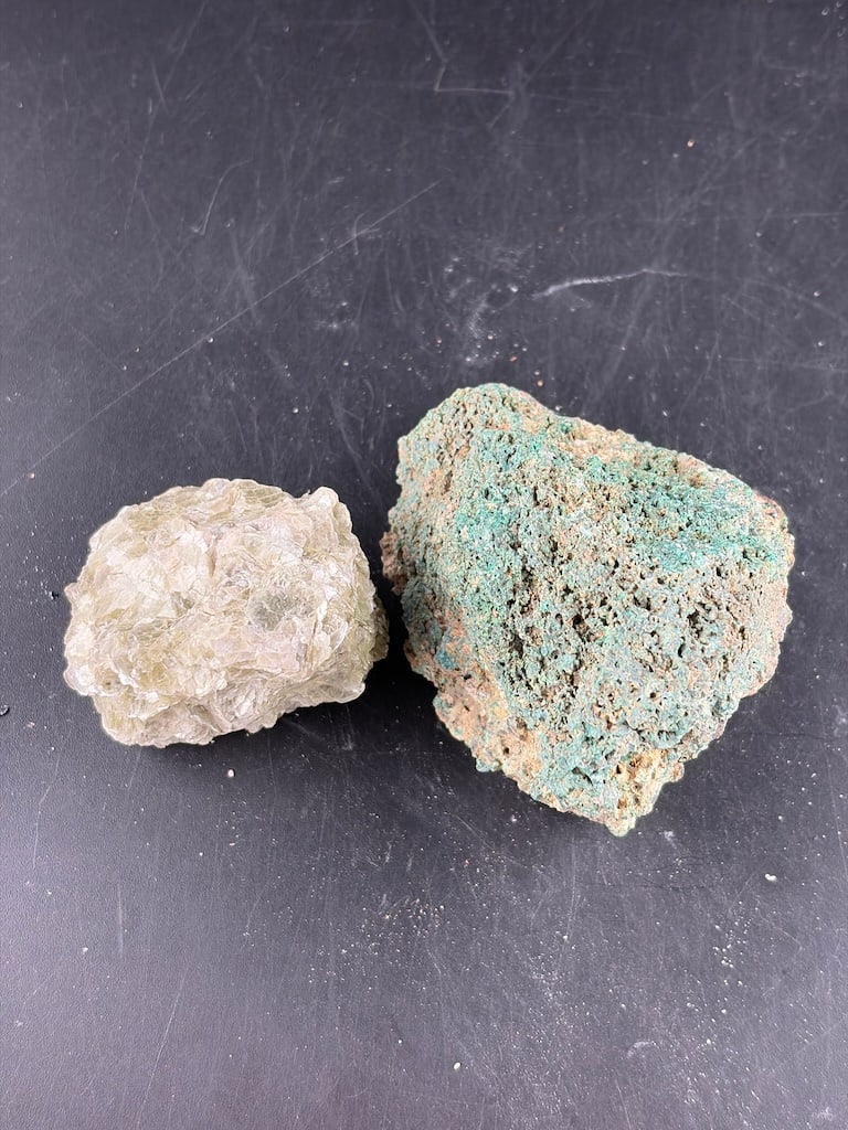 Two (2) Raw Mineral Specimens – Foliated Muscovite Mica Cluster & Green Malachite Matrix: A wonderful two-piece mineral lot presenting a striking visual and structural contrast between flaky, highly reflective silicate sheets and a richly colored carbonate crust. This collection features:F