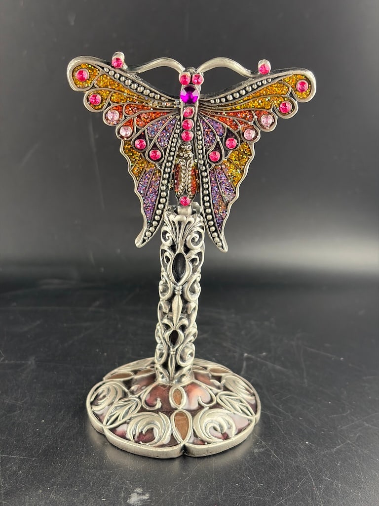 Vintage Style Jeweled & Enameled Pewter Butterfly Vanity Standing Mirror: An ornate, Hollywood-glam style figural freestanding table or vanity mirror. The piece features a beautifully detailed, heavy pewter-toned cast metal frame shaped into a large butterfly structure at t