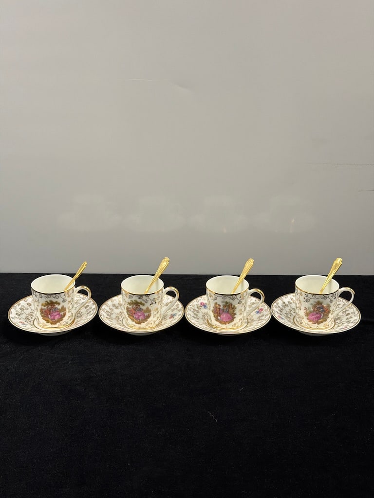 Vintage Limoges France Porcelain Demitasse Cups & Saucers with Spoons – Set of 4 DC_240: Charming vintage Limoges porcelain demitasse/espresso service comprising four matching cups and saucers, each decorated with romantic courting scenes, delicate floral accents, intricate gilt foliage, 