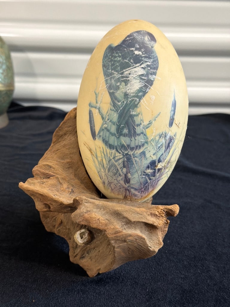 Vintage Ostrich Egg with Raptor Design & Natural Wood Stand (1 of 7)