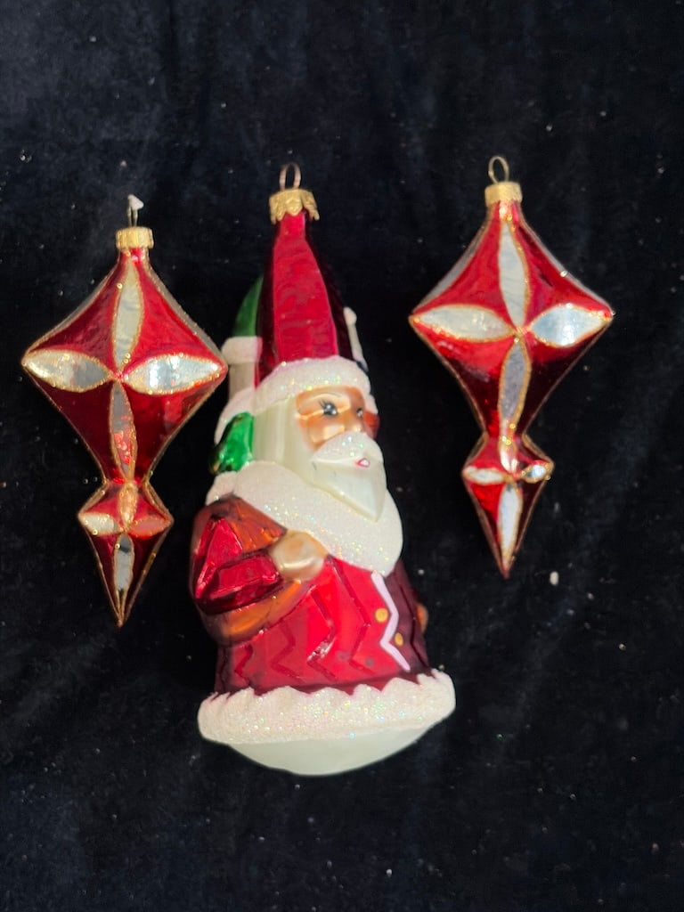 Set of Three Vintage Blown Glass Christmas Ornaments – Santa & Red Gold Designs (1 of 2)