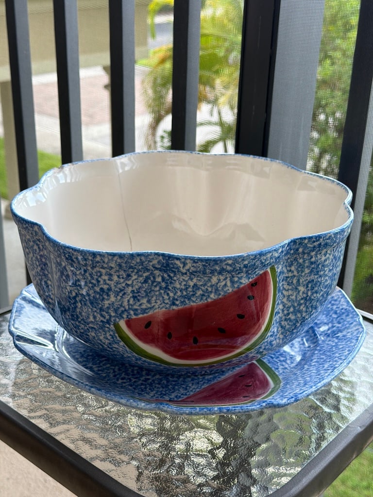 Large Hand-Painted Watermelon Ceramic Planter with Underplate – Approx. 16 (1 of 8)