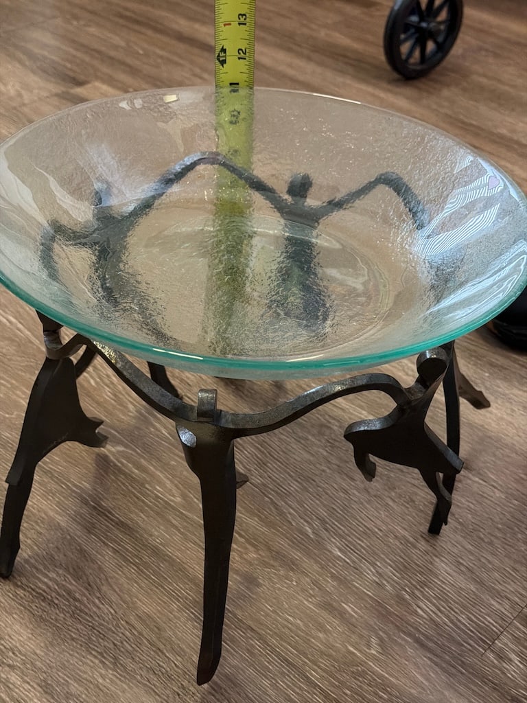 Boris Kramer Signed Hand-Forged Figural Steel & Art Glass Centerpiece Bowl: "Boris Kramer Signed Hand-Forged Figural Steel & Art Glass Centerpiece BowlSigned Boris Kramer sculptural centerpiece featuring a substantial textured glass bowl supported by hand-forged steel figures