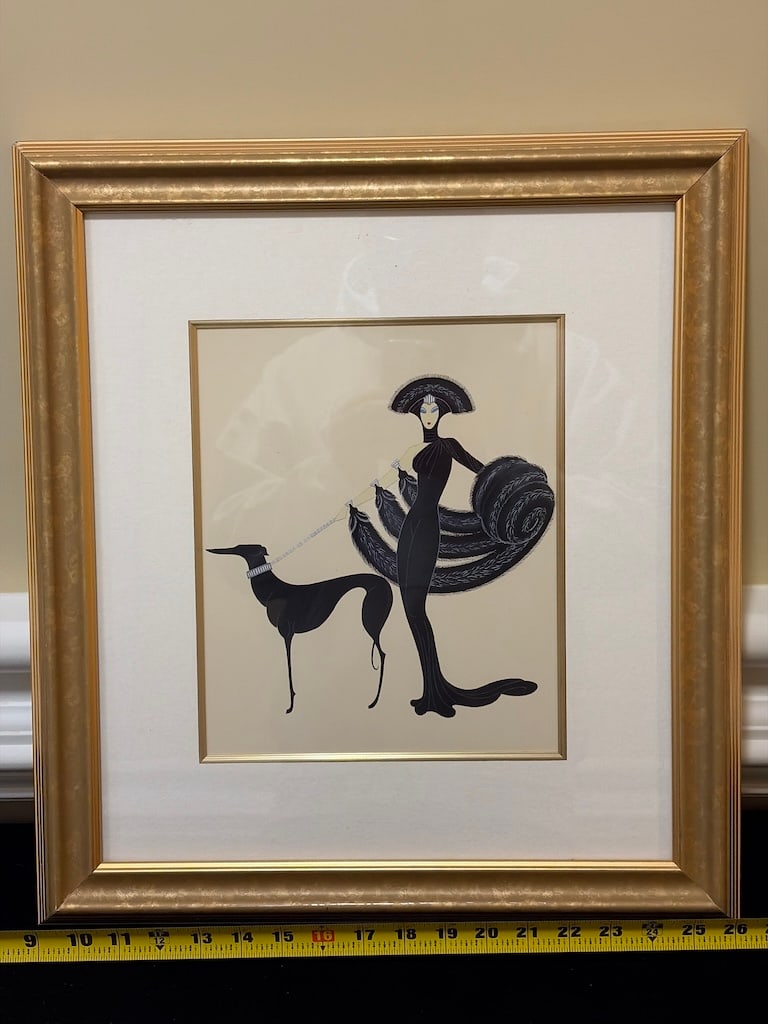 Framed Art Deco Style Fashion Lady with Greyhound Print: "Framed Art Deco Style Fashion Lady with Greyhound PrintElegant Art Deco–style fashion illustration depicting a sophisticated woman dressed in black with an elaborate feathered wrap and greyhound co