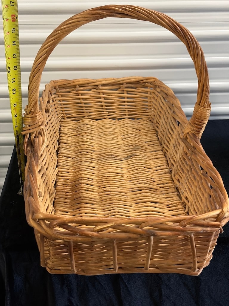 Large Vintage Handwoven Willow Wicker Gathering Market Basket: "Large Vintage Handwoven Willow Wicker Gathering Market BasketLarge handwoven rectangular willow/wicker gathering basket featuring a sturdy arched twisted handle, reinforced rim, and rustic natural