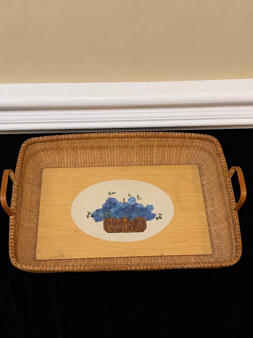Vintage Large Nantucket-Style Woven Serving Tray with Hydrangea Decoration: "Vintage Large Nantucket-Style Woven Serving Tray with Hydrangea DecorationLarge rectangular Nantucket-style woven serving tray featuring tightly woven natural cane, wooden side handles, and a wood ce