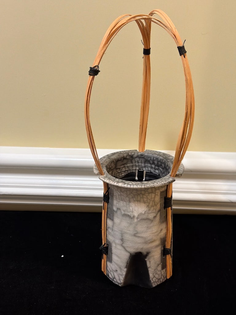 Contemporary Studio Pottery & Bentwood Sculptural Basket Vessel: Distinctive contemporary studio art vessel featuring a gray crackle-glazed ceramic body accented by tall arched bentwood or reed supports secured with dark bindings. Sculptural organic form combines p