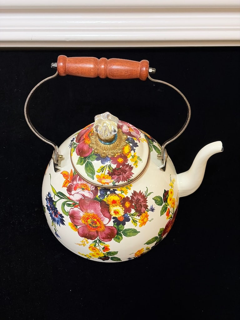 Vintage MacKenzie-Childs Floral Enamel Tea Kettle with Wood Handle (1 of 5)