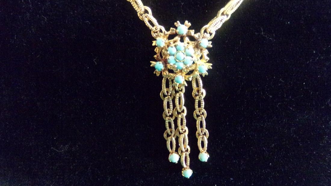 18K yellow Gold Turquoise Lavaliere. Very Ornate Design (1 of 9)