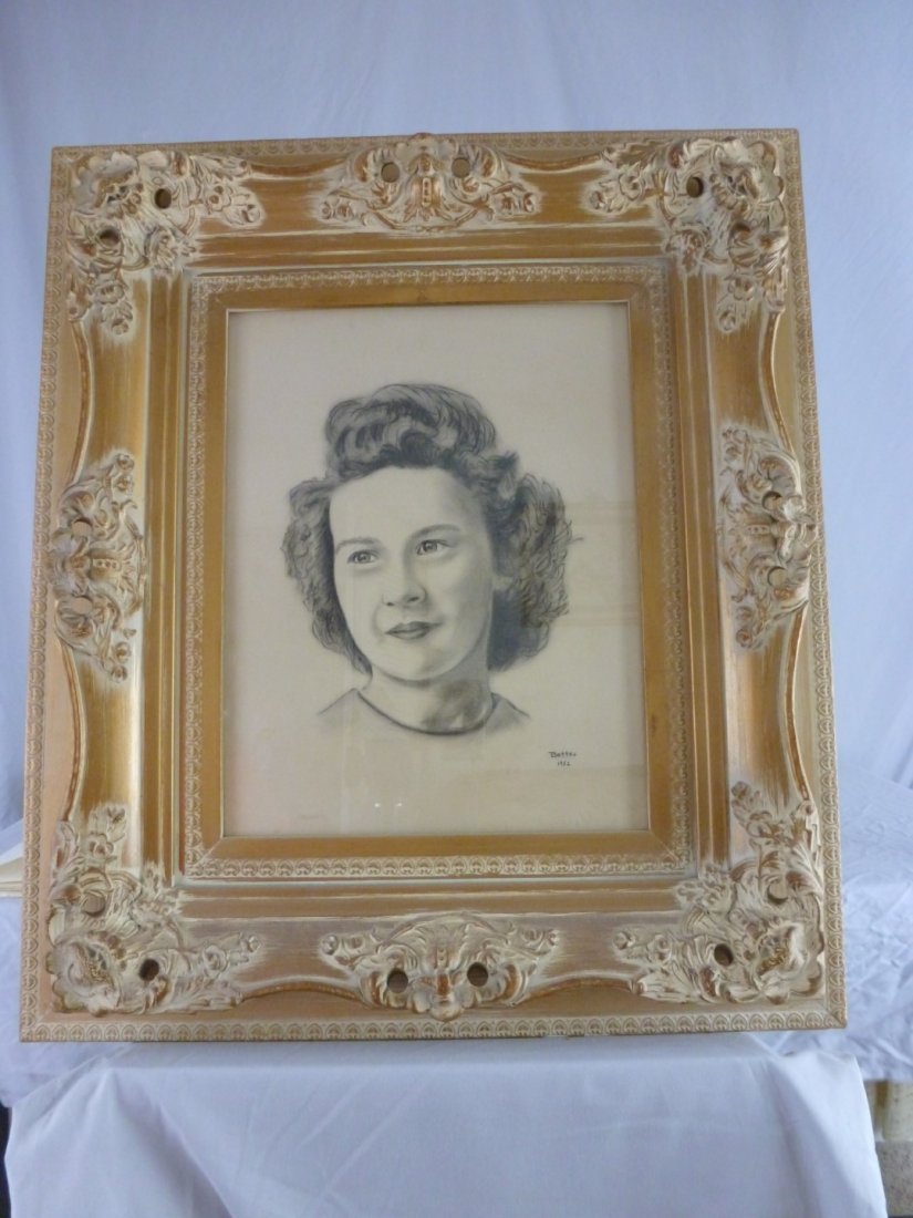 Framed Art of Mrs. Betts; Dated 1952 in Ornate Frame. (1 of 3)
