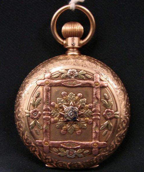 14K Multi Color Gold Masonic Hunting Case Pocket W: 14K Multi Color Gold Masonic Hunting Case Pocket Watch, by Illinois Watch Co. Has Masonic Emblem of Square/Compass/G on Front with Ornately Embossed Repousse Case. Monogram on Reverse. Very Heavy Case